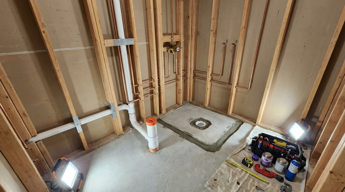 Bathroom rough-in plumbing during remodel by Johns Plumbing LLC in Vandalia