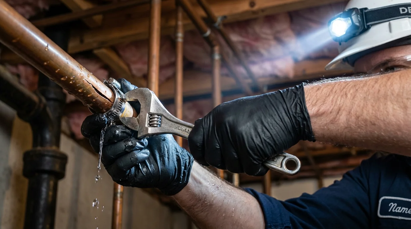 Emergency pipe clamp repair being performed by a Johns Plumbing LLC plumber in Vandalia