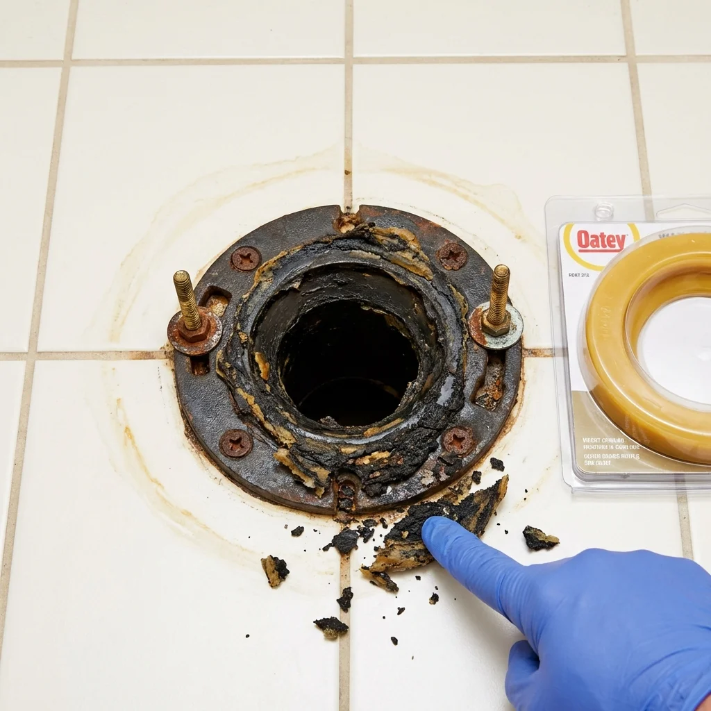 Failed wax ring showing water seepage at the base of a toilet in a Vandalia, OH home
