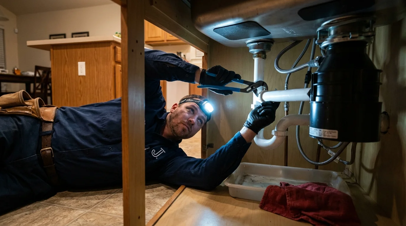 P-trap and supply line connections under a kitchen sink showing a common leak point in Vandalia, OH
